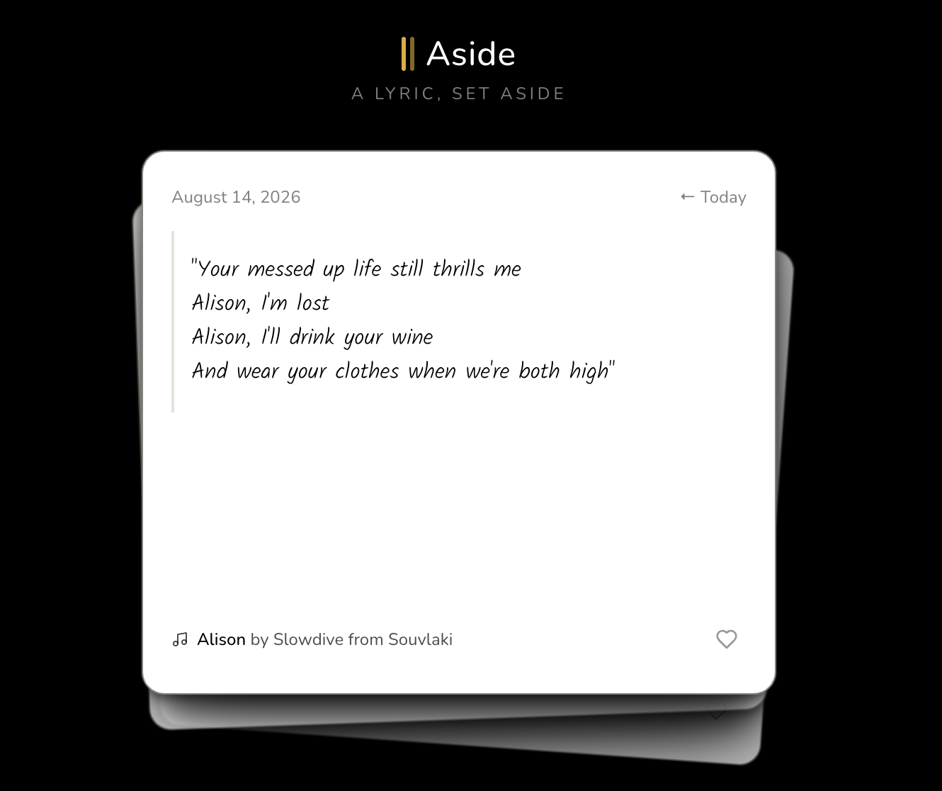 Screenshot of Aside - one lyric, set aside each day, an experimental app by Makedonka Stamatova